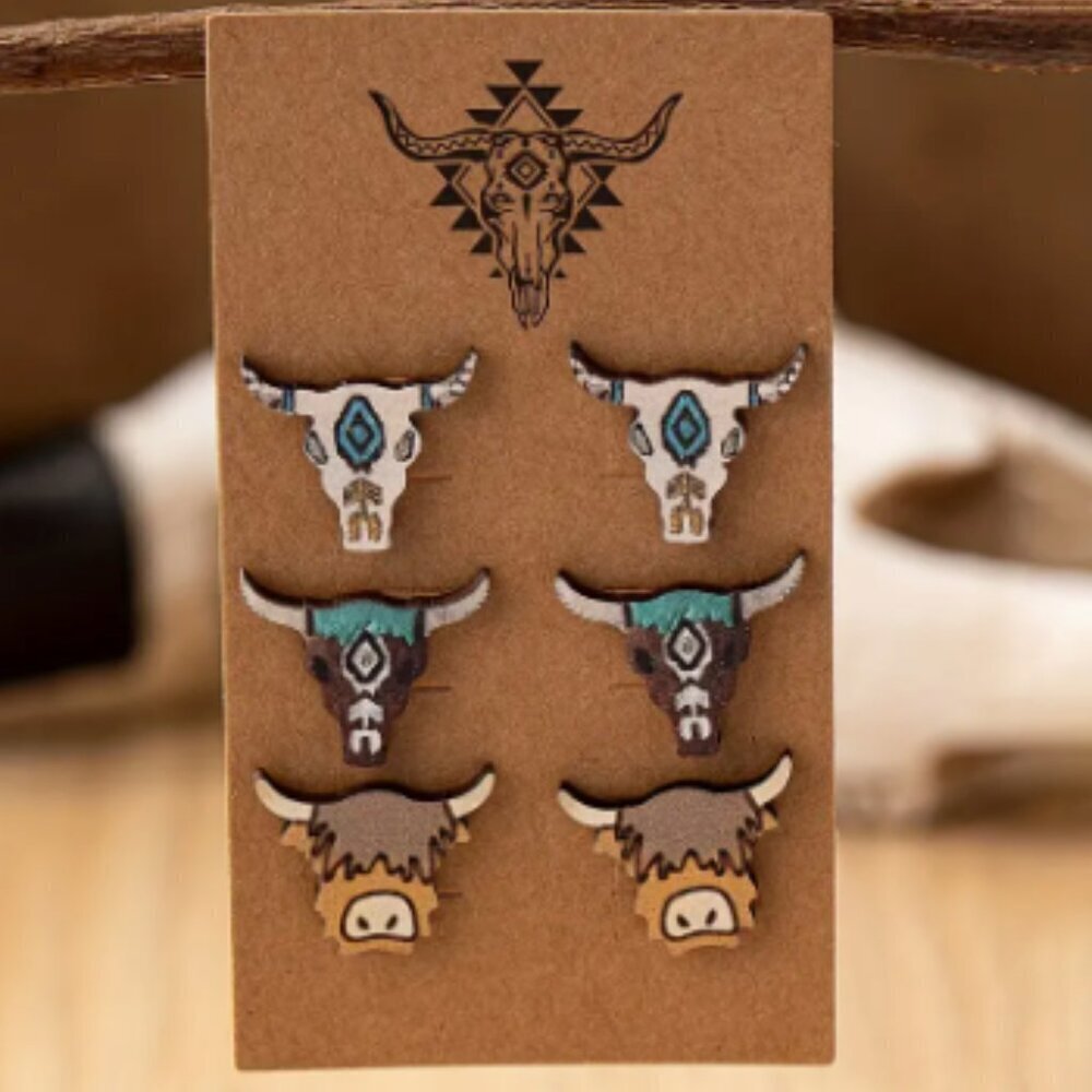 Three Pair Stud Earring Set - Western Style Cute Cows- NEW